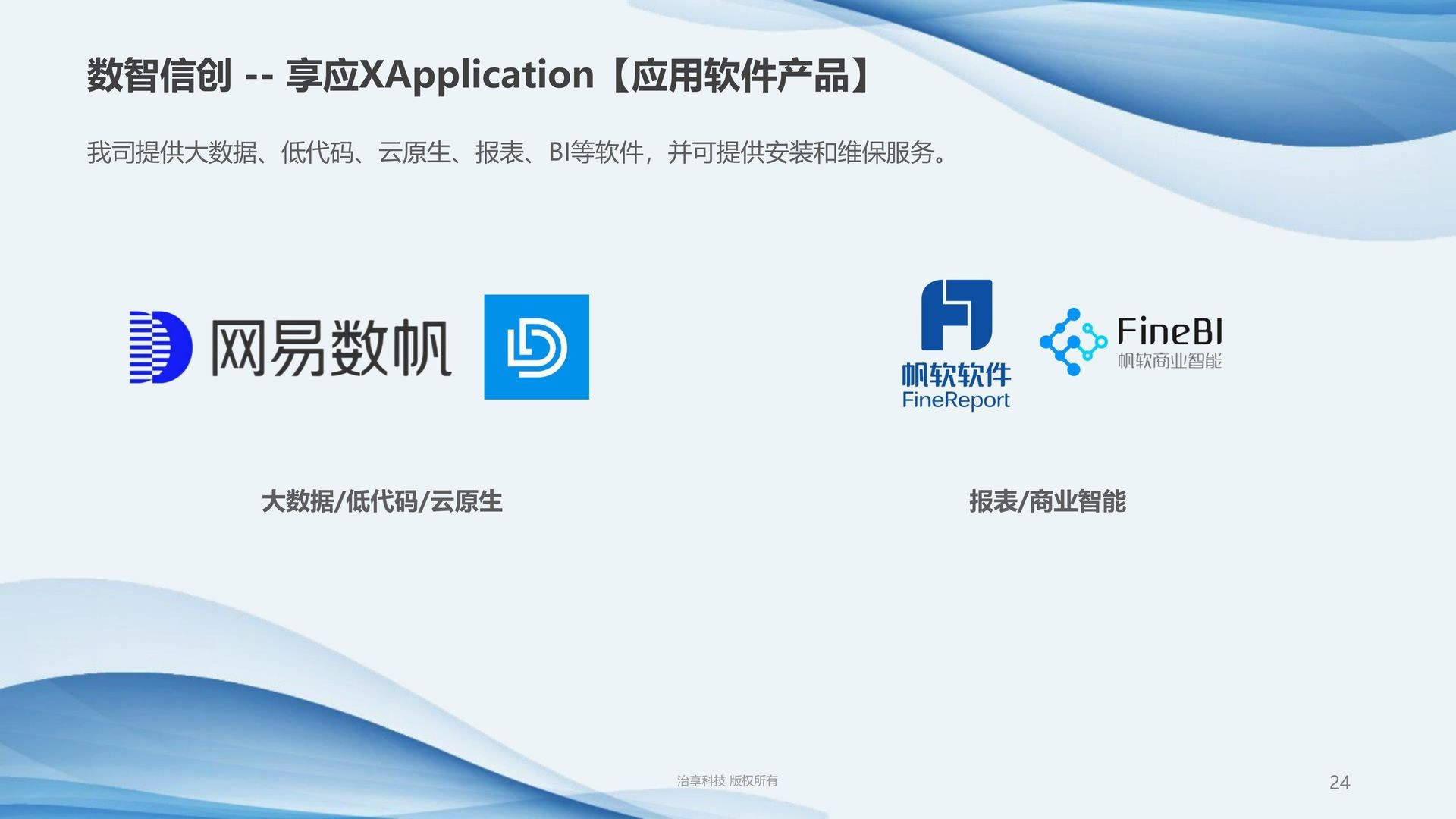 Presentation slide showcasing Chinese software companies with logos and text describing services like big data and BI.